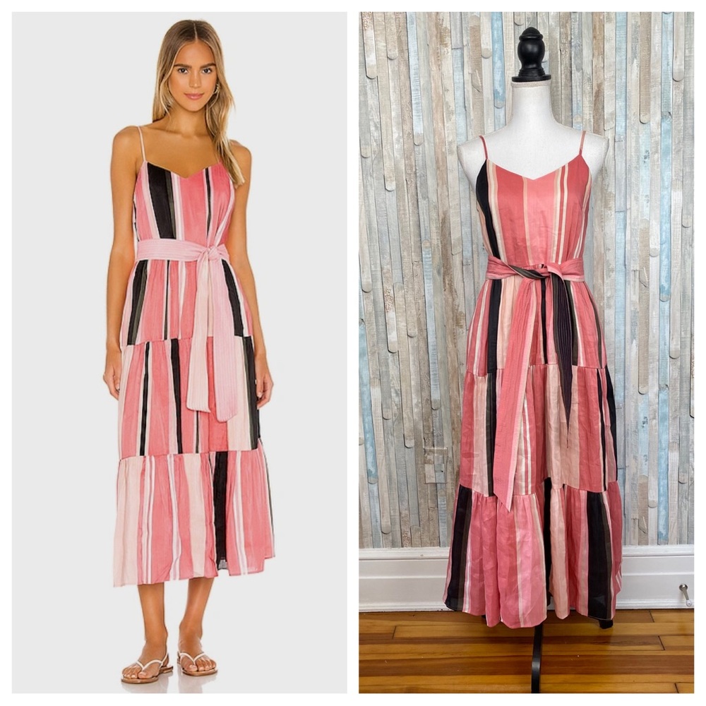 Apiece Apart 2 Pink Striped Linen Marjana Tiered‎ Flounce Midi Maxi Dress $495